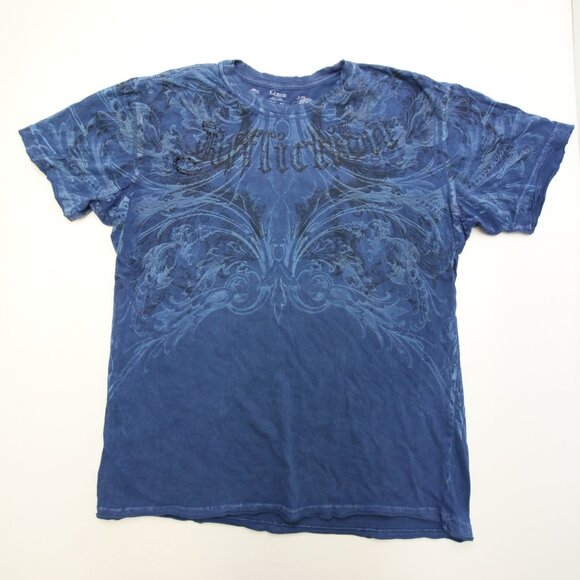 Affliction T-Shirt Large Blue Fleur De Lis READ Distressed Tiny Holes Y2K - Picture 3 of 15